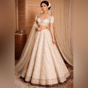 Pakistani Indian Elegant Cream wedding party Lehenga Set